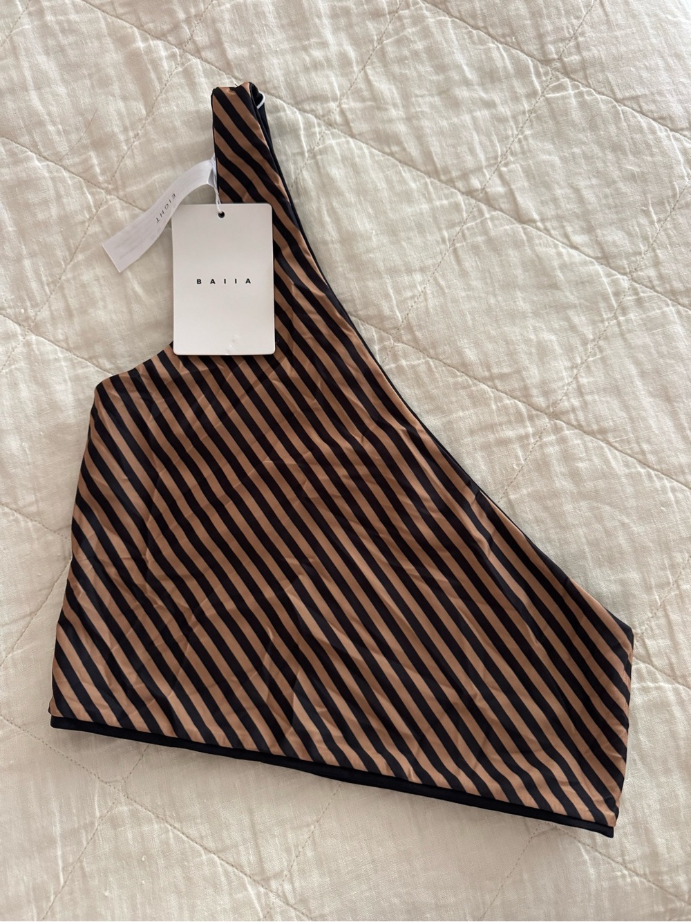 BAIIA One-Shoulder Striped Bikini Top in Brown & Black
